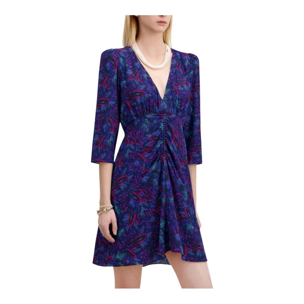 THE KOOPLES 100% Silk V Neck Mini Dress Size 1 XS Dark Blue Colourful Print
